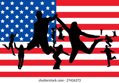 Flag of USA and people jumping
