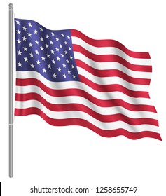 Flag of USA with flag pole waving in wind. Vector illustration