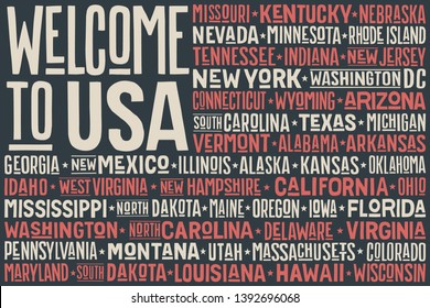 Flag USA. Poster of United States of America flag - usa - with states and capital cities. Print for t-shirt of USA flag with names states. Colorful vintage typographic hand-drawn. Vector Illustration