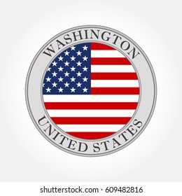 Flag of USA round icon or badge. Washington city and United States circle button. American national symbol. Vector illustration.