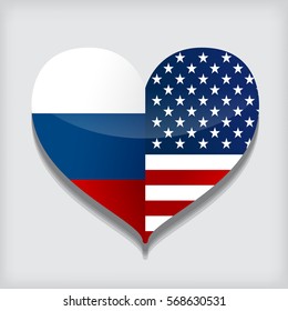 The flag of USA and Russia in vector heart. Friendship. Vector label