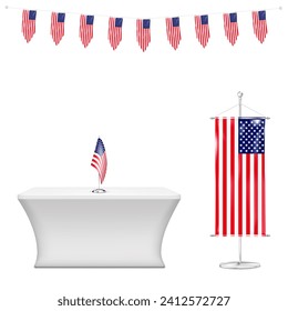 Flag of USA set. American flag pennant banner garland, floor and table US flags on metal pole stand. Realistic vector illustration