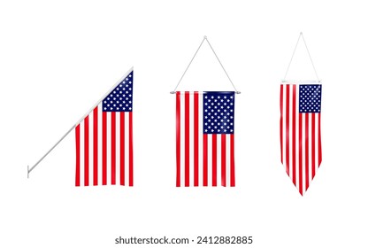 Flag of USA set. Hanging textile US flags isolated on white background. American banners. Realistic vector illustration