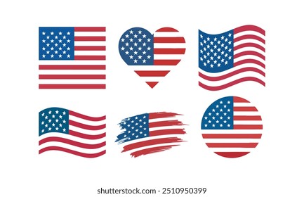 Flag USA set icon. America holidays. Rectangular, waving and circle US flag. United States national symbol. 4 july banner in flat style. Veteran day and Memorial day vector illustration.