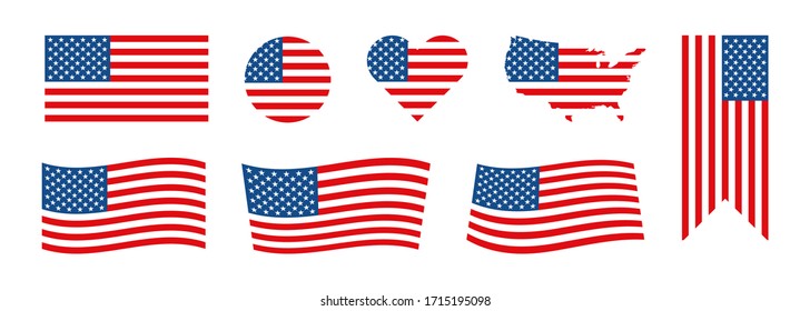 Flag USA set isolated icon in flat style.  Vector illustration.