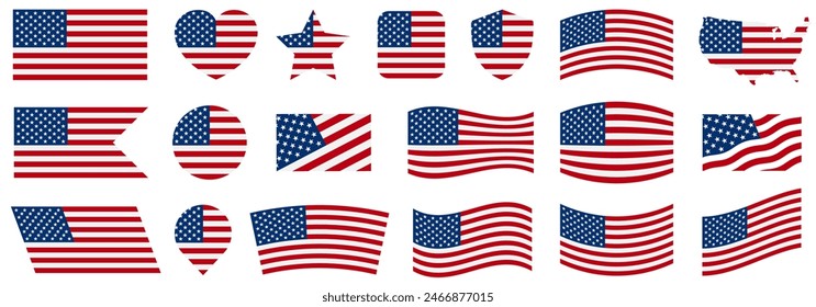 Flag USA set isolated icon, 4 july banner in flat style, United States of America flag collection