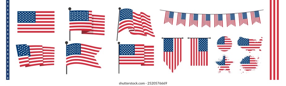 Flag USA set isolated icon. Symbols of the USA. American holidays. Patriotic logo or stamp. 
