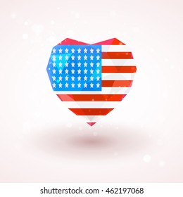 Flag of USA in shape of diamond glass heart in triangulation style for info graphics, greeting card, celebration of Independence Day, printed materials 