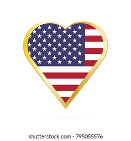 Flag of USA in the shape of Heart, symbol of Love Gold version.