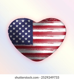 Flag of USA in the shape of a three-dimensional heart, brush stroke background. Flag United States of America isolated with shadow. Flag of USA for your web site design, logo, app, UI.  EPS10.