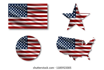 Flag usa. Star flag usa. USA map. American flag in circle. Set of american flags with shadow
