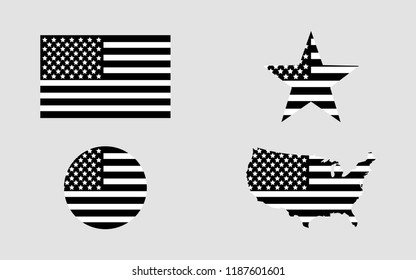 Flag usa. Star flag usa. USA map. American flag in circle. Set of american flags in flat design in black color