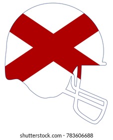 The flag of the USA state of Alabama below a football helmet silhouette
