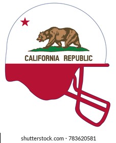 The flag of the USA state of California below a football helmet silhouette
