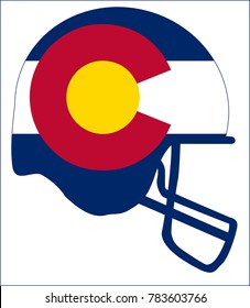 The flag of the USA state of Colorado below a football helmet silhouette