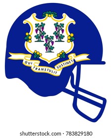 The flag of the USA state of Connecticut below a football helmet silhouette
