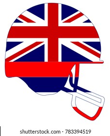 The flag of the USA state of Hawaii below a football helmet silhouette
