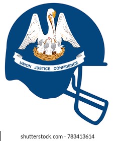 The flag of the USA state of Louisiana below a football helmet silhouette

