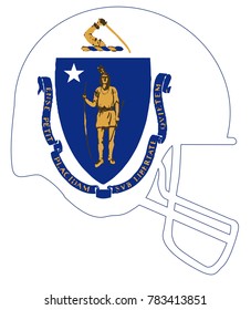 The flag of the USA state of Massachusetts below a football helmet silhouette
