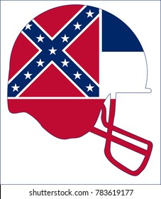 The flag of the USA state of Mississippi below a football helmet silhouette
