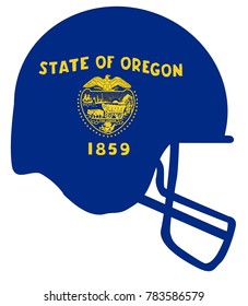 The flag of the USA state of Oregon below a football helmet silhouette
