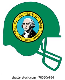 The flag of the USA state of Washington below a football helmet silhouette
