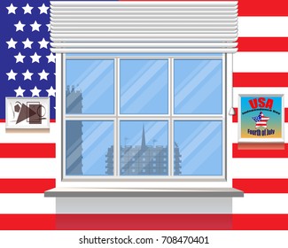 Flag of USA . Tower twin . 9.11. Vector . The view from the window .
