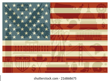 Flag of USA with traditional symbols of architecture and culture of the USA