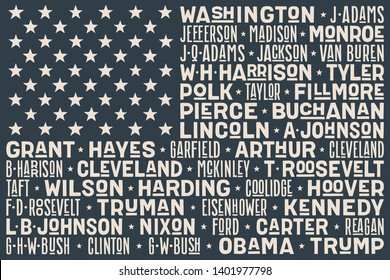 Flag USA. United States of America flag - usa - with List of Presidents of the United States. Print for t-shirt of USA flag with names presidents. Vintage hand-drawn. typographic. Vector Illustration