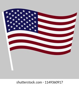 Flag of USA waving  on the stick . Symbol of Independence Day, souvenir soccer game banner, language button, icon.