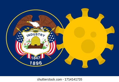 Flagge des Bundesstaates Utah mit Ausbruch von Viren Hintergrund der US-Staatsflagge. Novel Coronavirus Disease COVID-19. Koronavirus-Infektion und die Epidemie in Amerika. USA Lockdown.