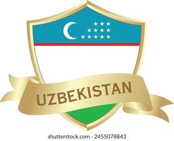 Flag of uzbekistan as around the metal gold shield with uzbekistan flag