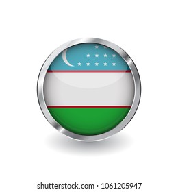 Flag of uzbekistan, button with metal frame and shadow. uzbekistan flag vector icon, badge with glossy effect and metallic border. Realistic vector illustration on white background.