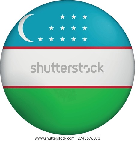 Flag of Uzbekistan. Glossy circular flag. Button appearance. 3D Icon Design with depth. Professional, tactile look. Perfect for representing national identity in digital interfaces and perfect for websites