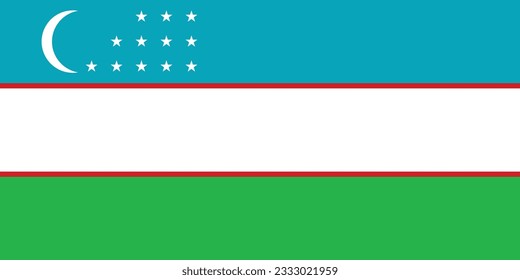 The flag of Uzbekistan. Flag icon. Standard color. Standard size. A rectangular flag. Computer illustration. Digital illustration. Vector illustration.