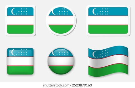 Flag of Uzbekistan icons collection. Flat stickers and 3d realistic glass vector elements on white background with shadow underneath.