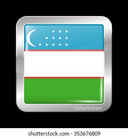 Flag of Uzbekistan. Metallic Icon Square Shape. This is File from the Collection Flags of Asia