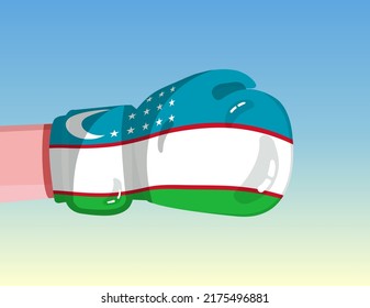 Flag of Uzbekistan on boxing glove. Confrontation between countries with competitive power. Offensive attitude. Separation of power. Template ready design.