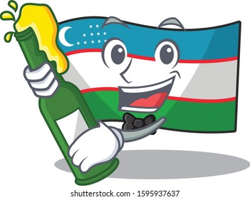 Flag uzbekistan Scroll with bottle of beer mascot cartoon style