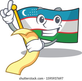 Flag uzbekistan Scroll cartoon character holding menu ready to serve