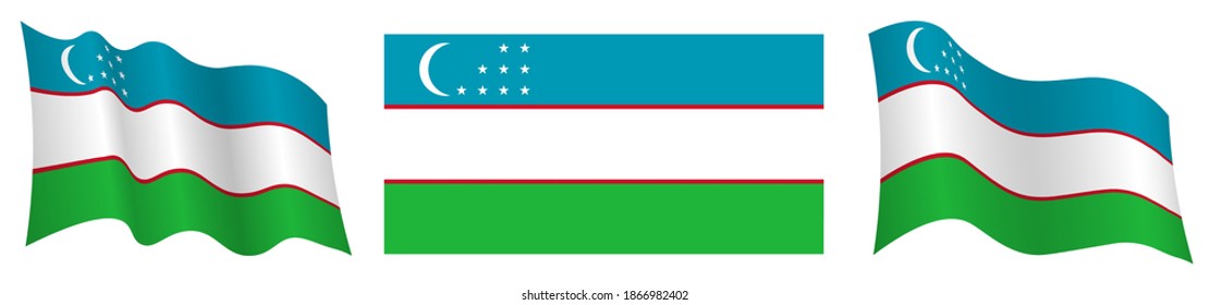 flag of uzbekistan in static position and in motion, fluttering in wind in exact colors and sizes, on white background