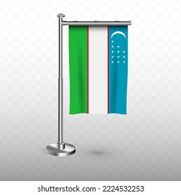 Flag of Uzbekistan. Vector illustration of a vertical hanging flag with flagpole on a transparent background (PNG).
