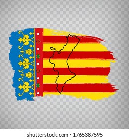 Flag of  Valencia from brush strokes. Blank map of Valencia. Kingdom of Spain. High quality map and flag Valencia for your web site design, logo, app  on transparent background.  EPS10