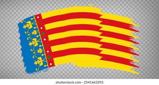 Bandeira de Valência pinceladas. Bandeira de acenar Comunidade Autônoma Valência em fundo transparente para o seu design de site, logotipo, aplicativo, UI. Espanha. Vetor de estoque.  EPS10