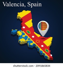 Bandera de Valencia de España en mapa sobre fondo oscuro. Ilustración del vector