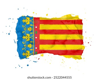 Flag of Valencian Community, brush stroke background.  Flag Valencia of Spain on white background. Watercolor style for your design.  EPS10.