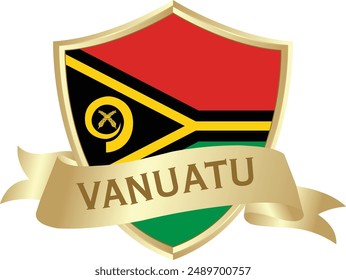 Flag of vanuatu as around the metal gold shield with vanuatu flag