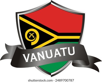 Flag of vanuatu as around the metal silver shield with vanuatu flag