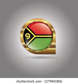 Flag of Vanuatu, button with the reflection of light and shadow, gold frame, Icon country. Realistic vector illustration on gray background.