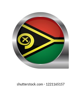 Flag of Vanuatu, location map pin, pointer flag, button with the reflection of light and shadow, silver frame, Icon country. Realistic vector illustration on white background.